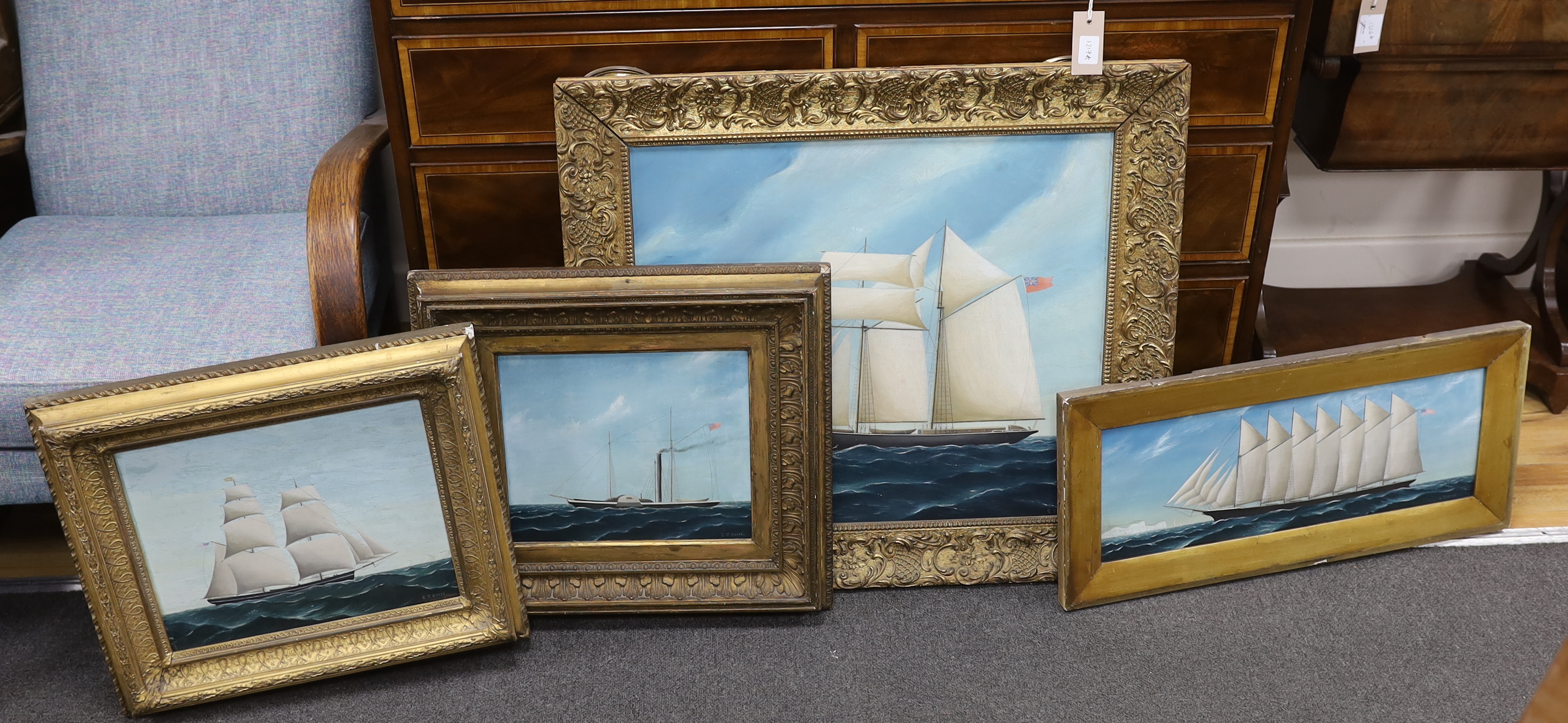 Christopher J. Guise (American), four maritime oils on board, British yachts and ships at sea, each signed, largest 48 x 56cm, ornate gilt frames